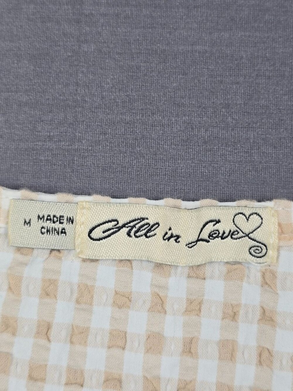 Gingham Wrap Dress Beige & White Puff Sleeve Midi Size M Boho Cottagecore - Picture 2 of 3